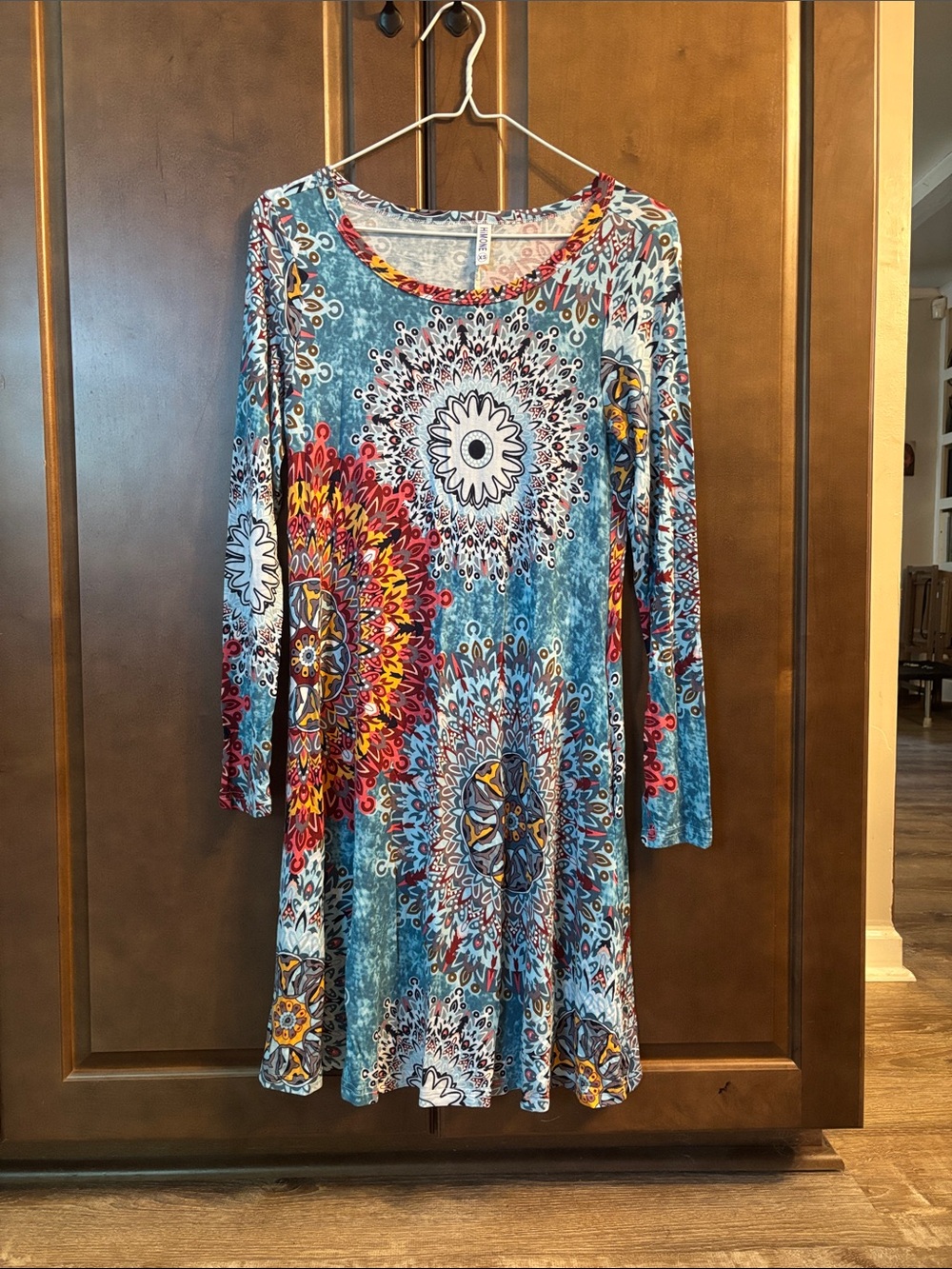 Blue Medallion Print Long-Sleeve Swing Dress with Pockets!